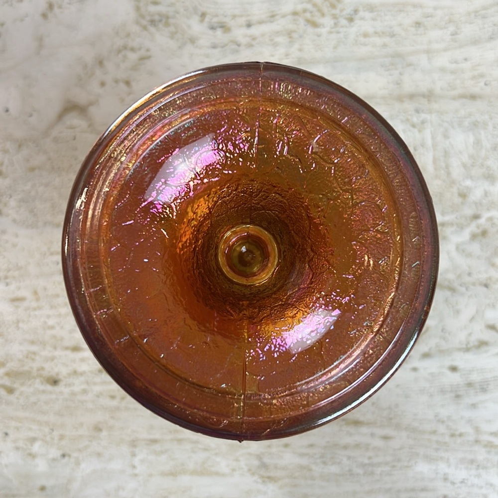 Vintage Crackle Marigold Carnival Glass Covered Footed Candy Dish - Picture 9 of 9